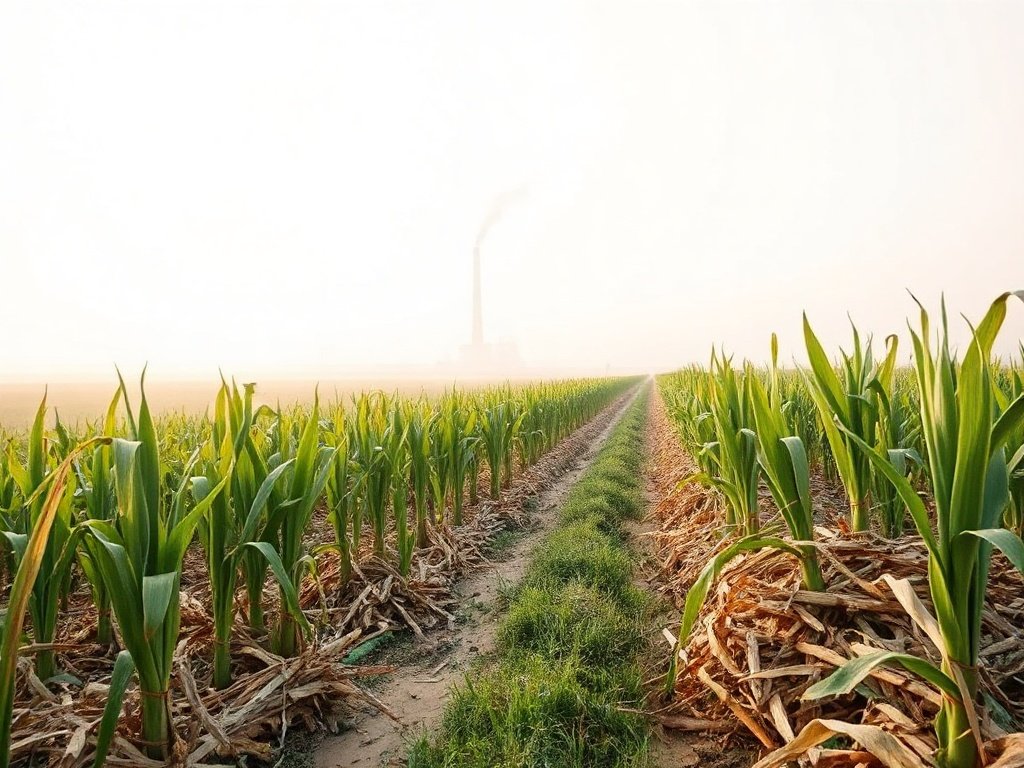 Indonesia ethanol E20: cánh đồng mía và nhà máy chưng cất ethanol hiện đại, thể hiện chuỗi nguyên liệu sinh học