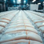 Cận cảnh phi lê cá da trơn trên đá lạnh, bối cảnh bài viết về xuất khẩu cá da trơn của Indonesia