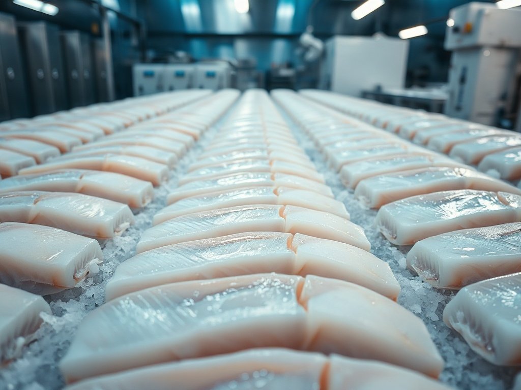 Cận cảnh phi lê cá da trơn trên đá lạnh, bối cảnh bài viết về xuất khẩu cá da trơn của Indonesia