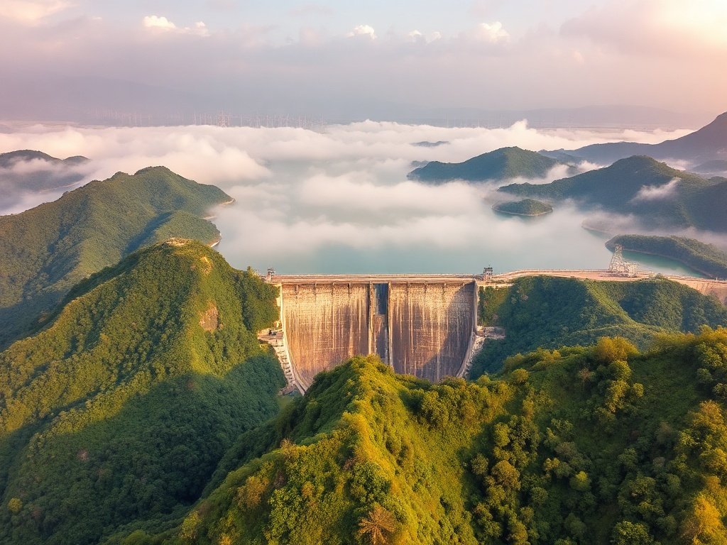 Đập thủy điện trên núi tại Lào với đường dây điện phía xa, góc chụp trên cao, bối cảnh đầu tư Lào