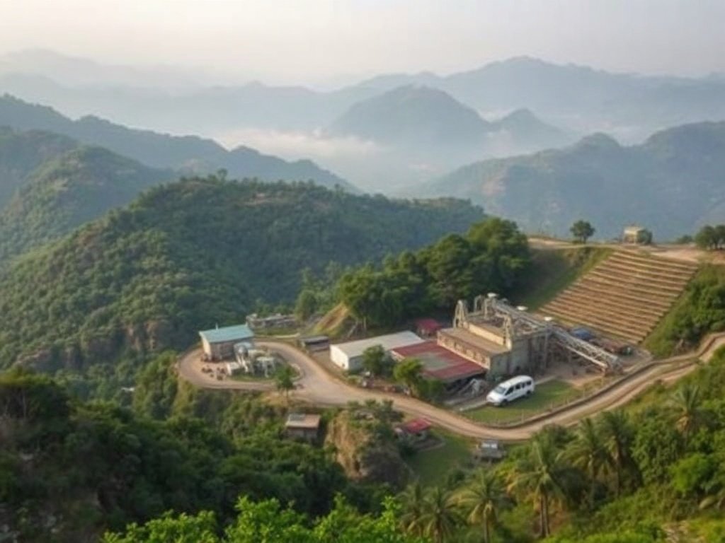 Toàn cảnh khu vực chế biến khoáng sản tại Lào giữa địa hình thung lũng núi, phản ánh định hướng phát triển khoáng sản Lào theo hướng chế biến sâu