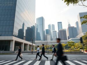 Toà nhà cơ quan quản lý kinh tế hiện đại giữa khu trung tâm thương mại, biểu trưng cho chính sách đầu tư và thương mại của Malaysia