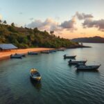 Bờ biển đảo phía nam Philippines, lộ trình điện khí hóa BARMM, với tấm pin mặt trời lúc bình minh, góc máy phóng sự, không có chữ đọc được và không có khuôn mặt