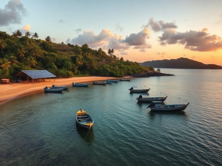 Bờ biển đảo phía nam Philippines, lộ trình điện khí hóa BARMM, với tấm pin mặt trời lúc bình minh, góc máy phóng sự, không có chữ đọc được và không có khuôn mặt