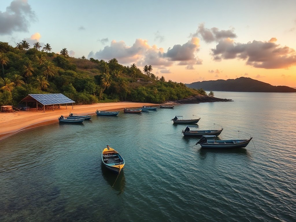 Bờ biển đảo phía nam Philippines, lộ trình điện khí hóa BARMM, với tấm pin mặt trời lúc bình minh, góc máy phóng sự, không có chữ đọc được và không có khuôn mặt