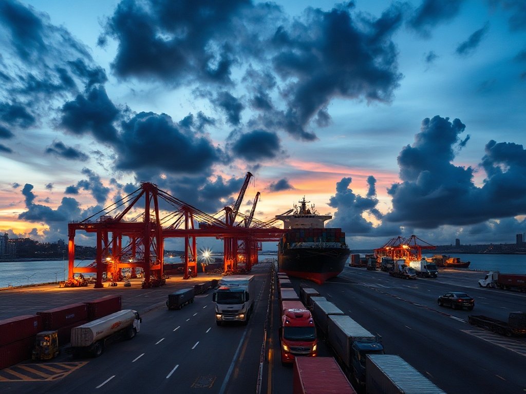 Cảng container Singapore lúc chiều tối với cần cẩu bốc dỡ tàu hàng, bối cảnh PMI Singapore và thời gian giao hàng