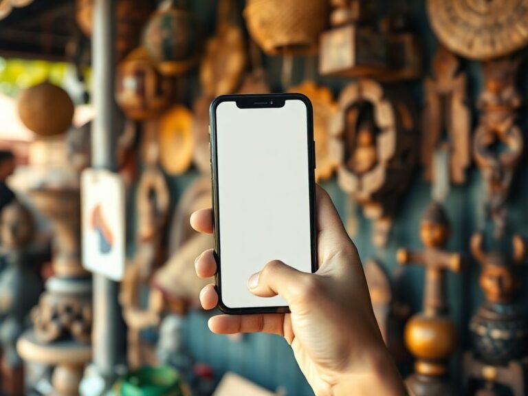 Một quầy hàng lưu niệm ngoài trời tại chợ truyền thống Bali, bàn tay cầm điện thoại thông minh hướng về máy quét thanh toán QRIS, màn hình chỉ hiển thị mảng màu trừu tượng