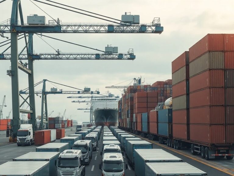 Cảng container hàng hóa với cần cẩu xếp dỡ container trên tàu vận tải lớn dưới bầu trời nhiều mây, chủ đề thương mại FTA Thái Lan