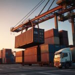 Cảng container nhộn nhịp tại Thái Lan, nền kinh tế GDP quý II, với cần cẩu xếp hàng, góc máy phóng sự, không có chữ đọc được và không có khuôn mặt