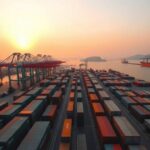 Cần cẩu và bãi container tại một cảng biển Indonesia nhìn từ trên cao lúc hoàng hôn, bối cảnh bài viết về thâm hụt thương mại Indonesia tháng 6