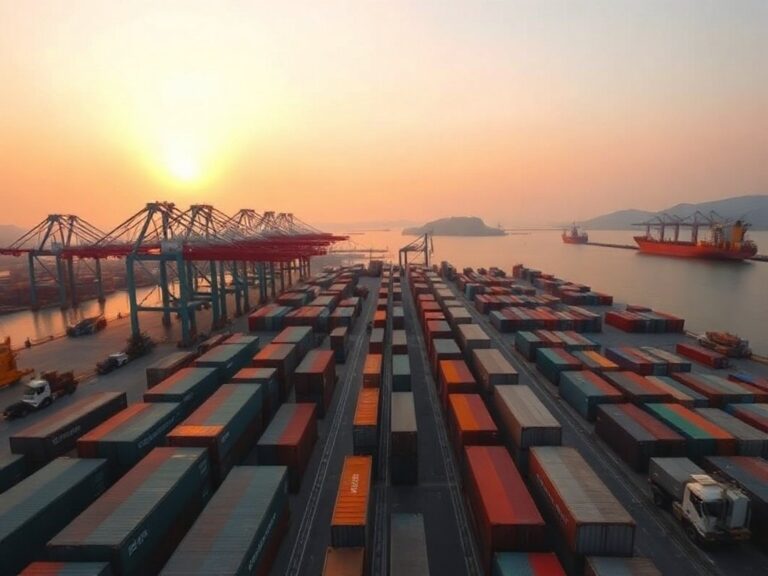 Cần cẩu và bãi container tại một cảng biển Indonesia nhìn từ trên cao lúc hoàng hôn, bối cảnh bài viết về thâm hụt thương mại Indonesia tháng 6