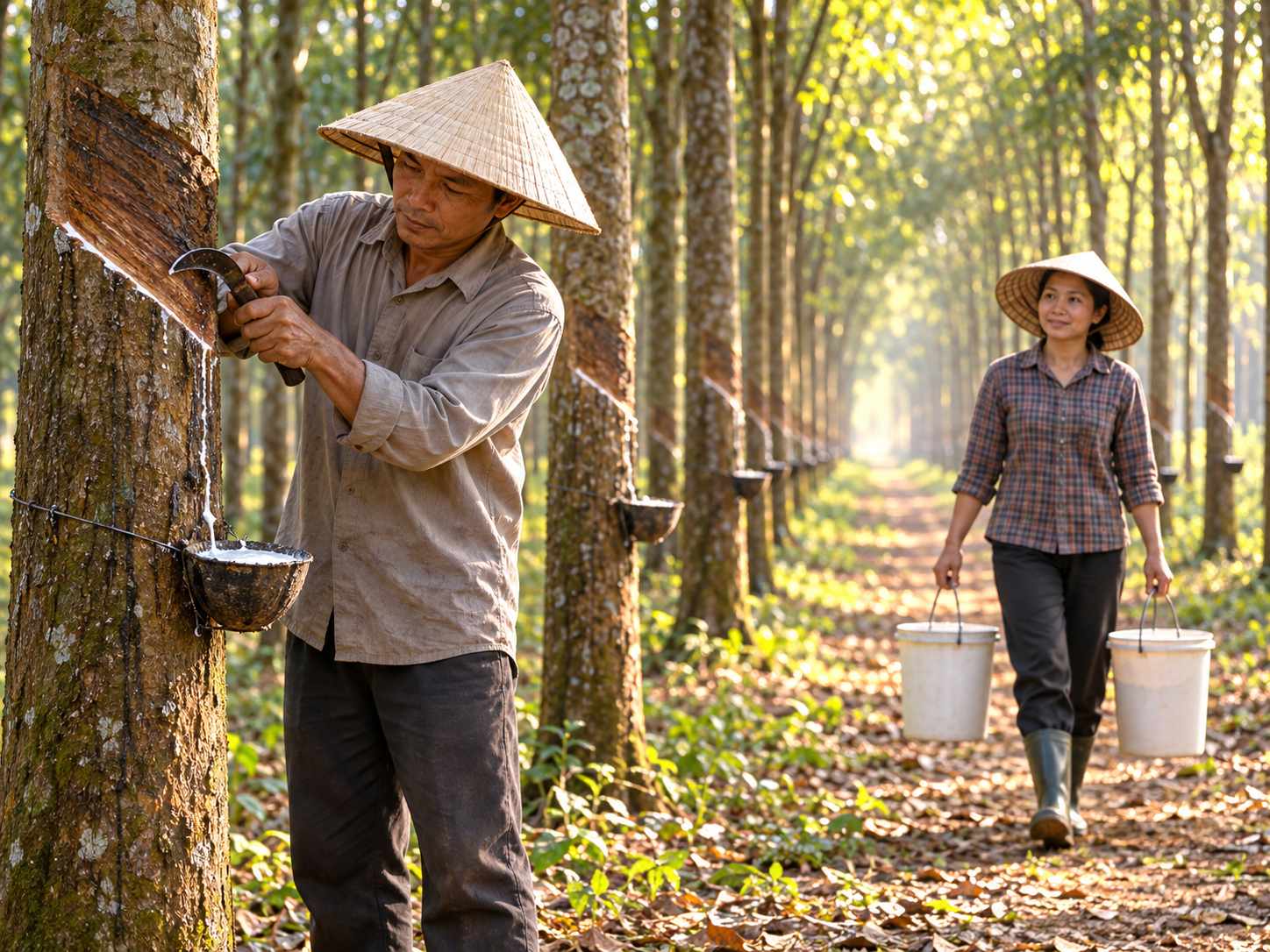 Công nhân cạo mủ cao su trên hàng cây trong vườn cao su buổi sáng