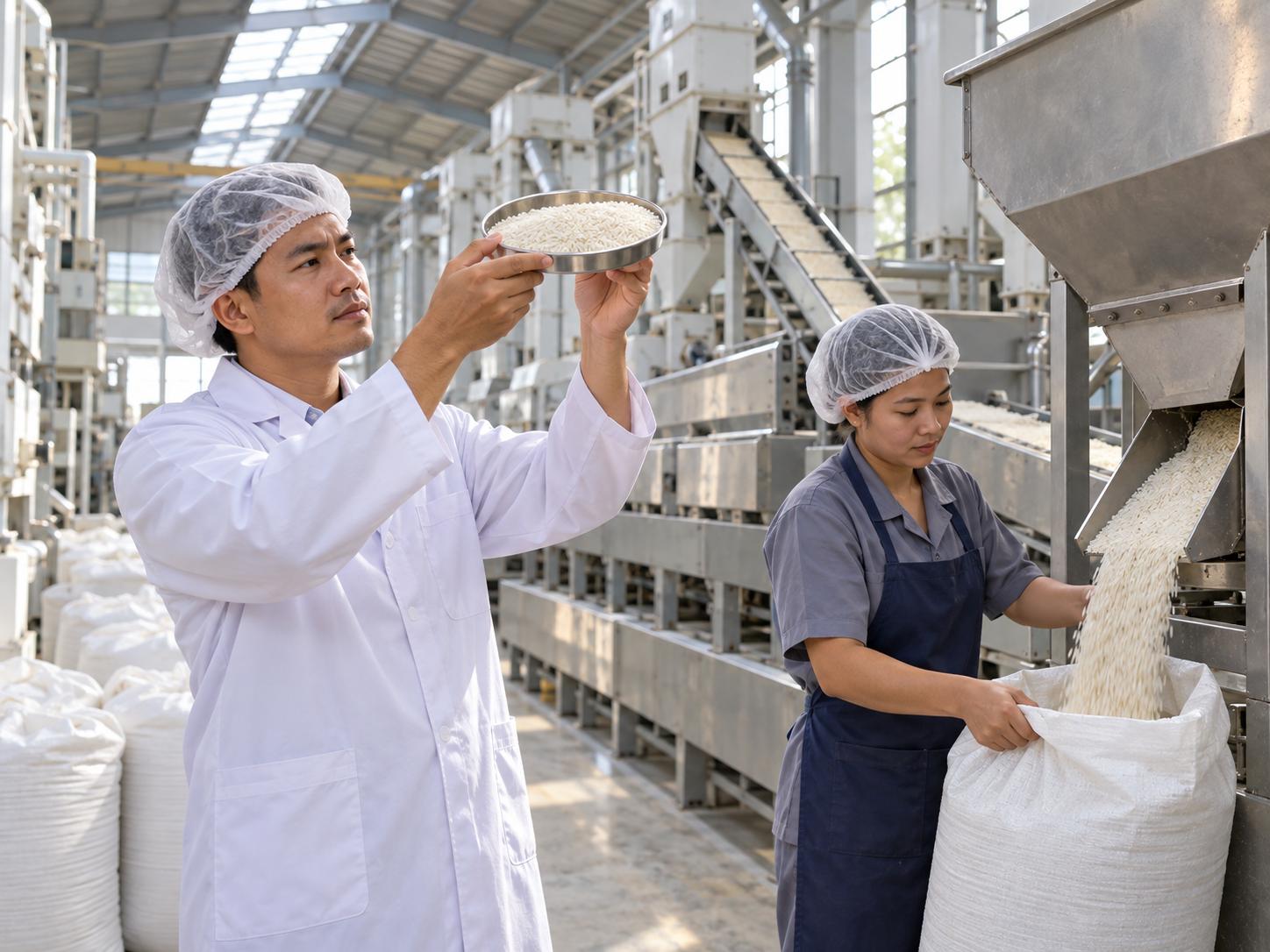 Nhân viên kiểm tra chất lượng cầm khay gạo trắng trong nhà máy xay xát