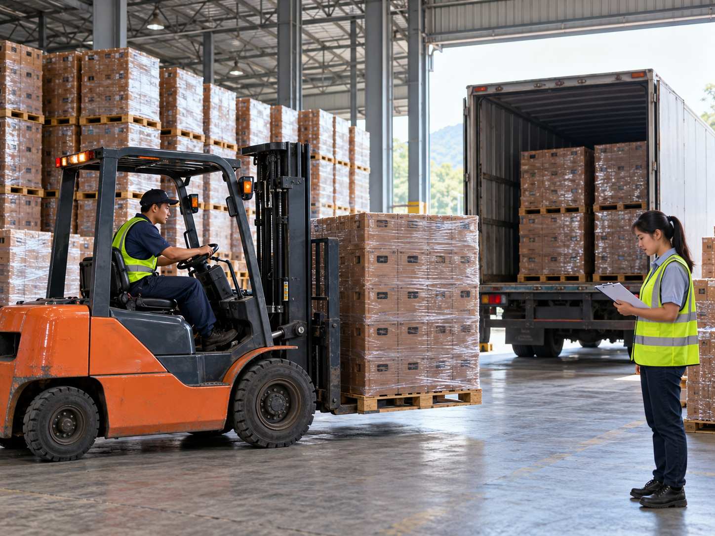 Xe nâng chuyển các kiện két bia lên xe tải tại kho phân phối đồ uống