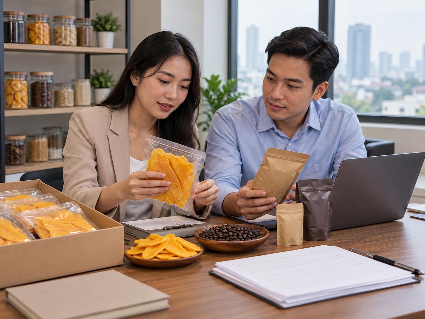 Nhân viên công ty xuất khẩu xem mẫu nông sản đóng gói và hồ sơ chứng nhận tại bàn làm việc