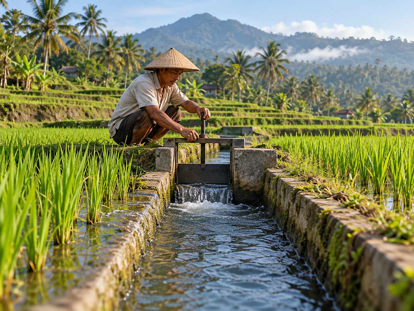 Nông dân chỉnh cửa cống nhỏ trên kênh thủy lợi giữa ruộng bậc thang ở Indonesia