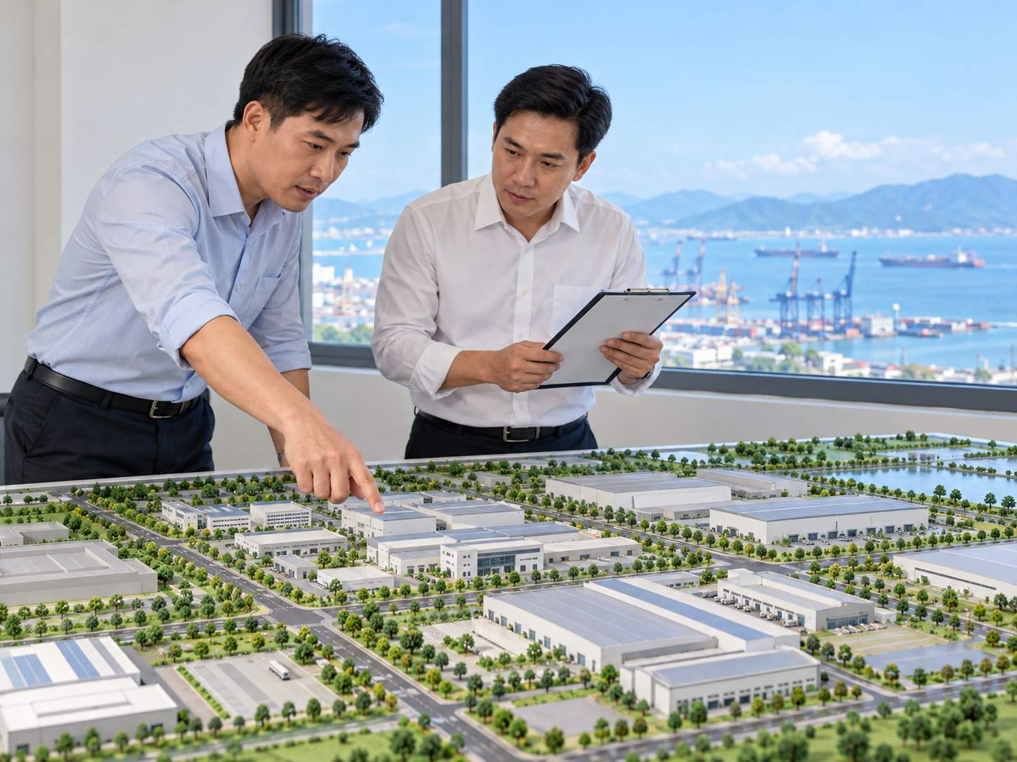 Hai cán bộ quy hoạch xem mô hình khu công nghiệp ven biển trong văn phòng