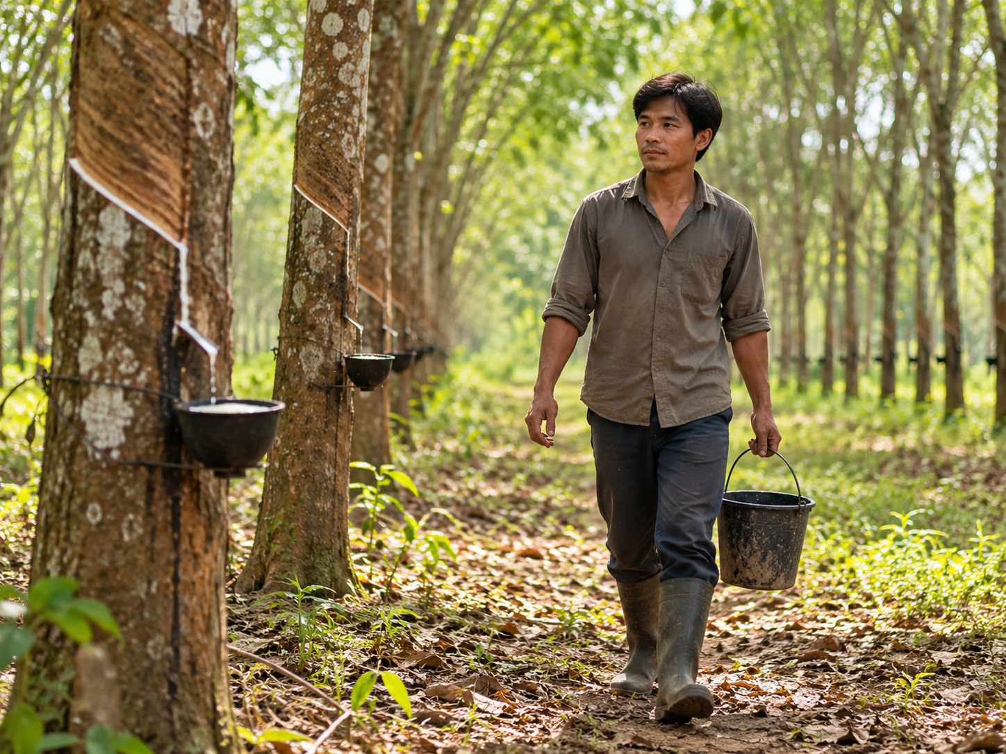 Công nhân đi dọc hàng cây cao su non trên đồn điền ở Lào