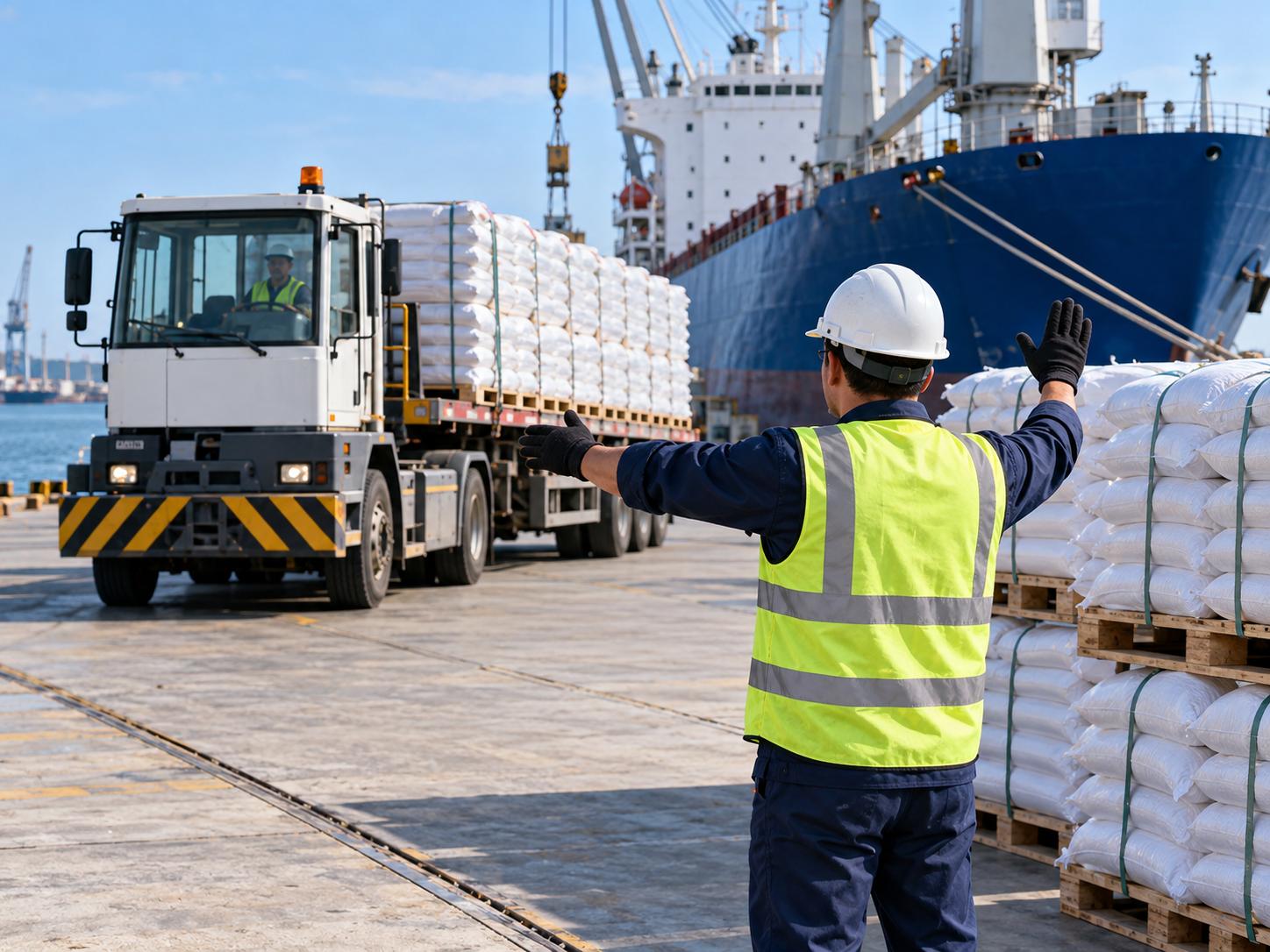 Công nhân bến cảng hướng dẫn xe đầu kéo chở hàng đến cạnh tàu hàng đang cập cầu