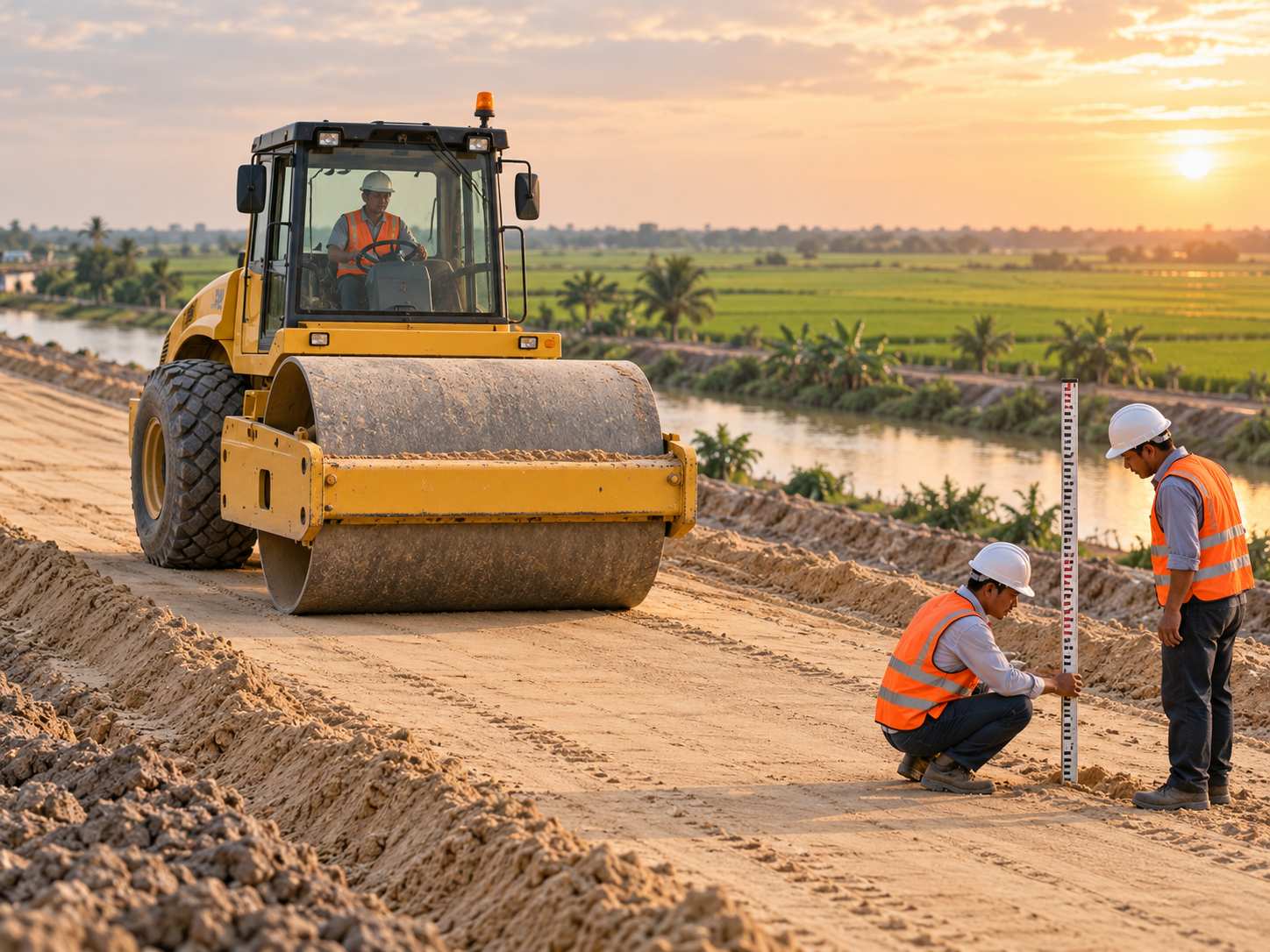Xe lu nén lớp cát nền trên đoạn cao tốc đang thi công ở đồng bằng, hai công nhân kiểm tra cao độ