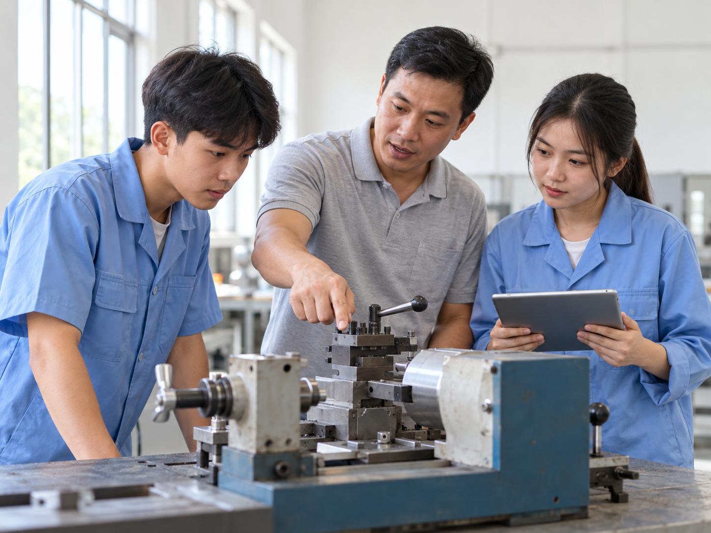 Giảng viên hướng dẫn học viên tại xưởng thực hành nghề trước một máy công nghiệp nhỏ