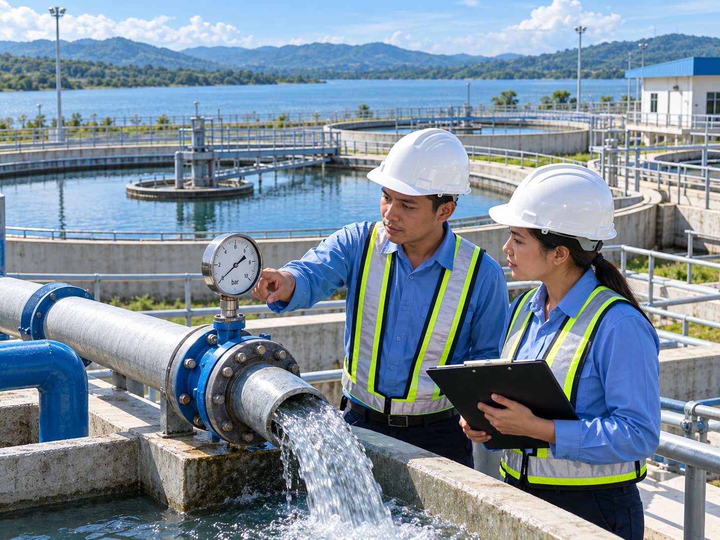 Hai kỹ sư đội mũ trắng đọc đồng hồ đo trên đường ống tại nhà máy xử lý nước ở Philippines