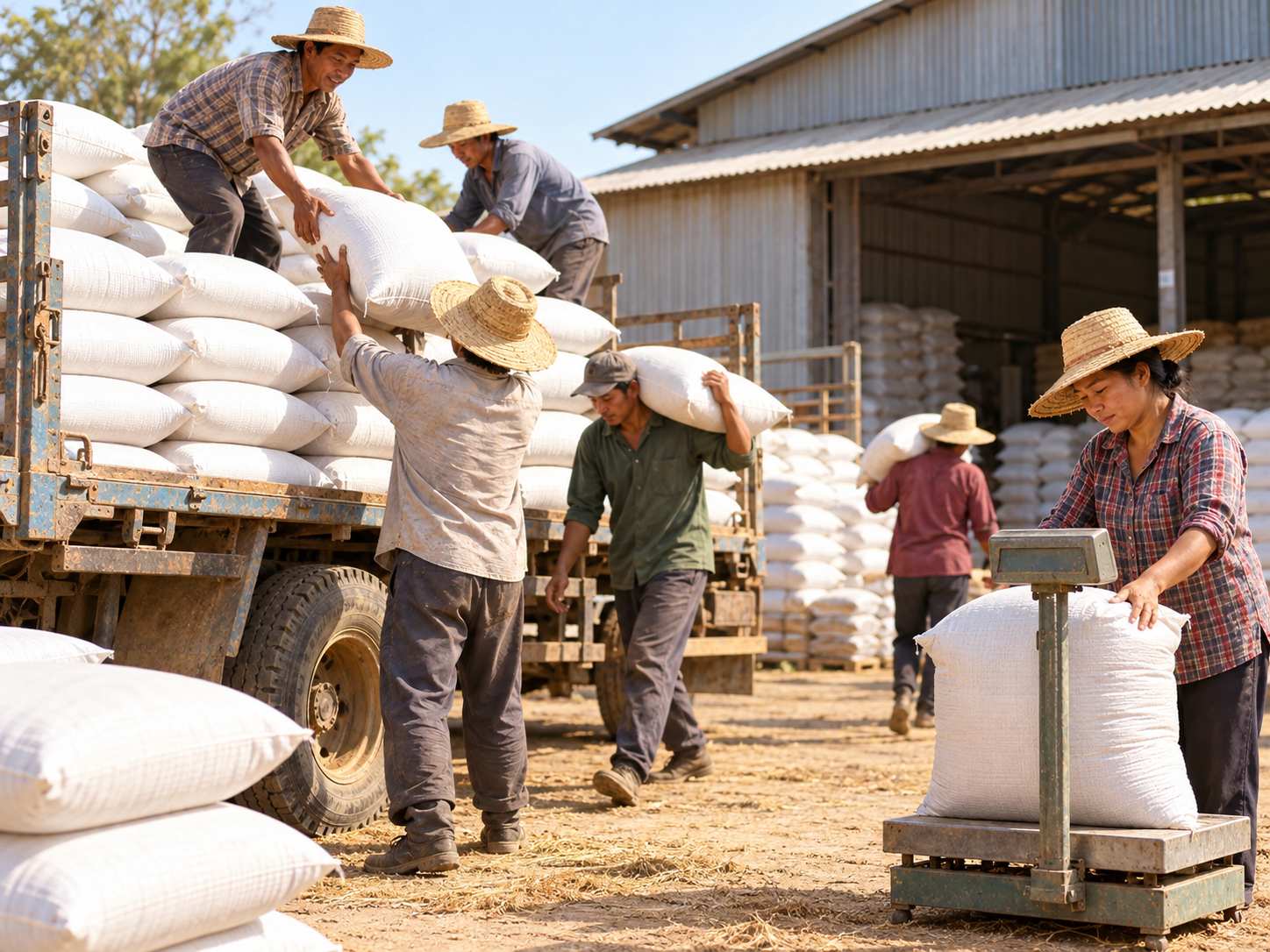 Nông dân xếp bao gạo trắng lên xe tải tại sân thu mua lúa gạo ở vùng nông thôn