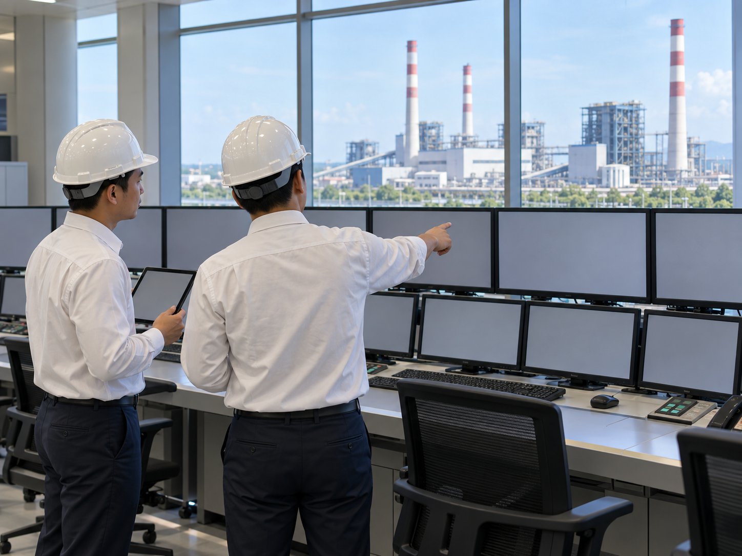 Hai kỹ sư đứng trước dãy màn hình trong phòng điều khiển nhà máy điện