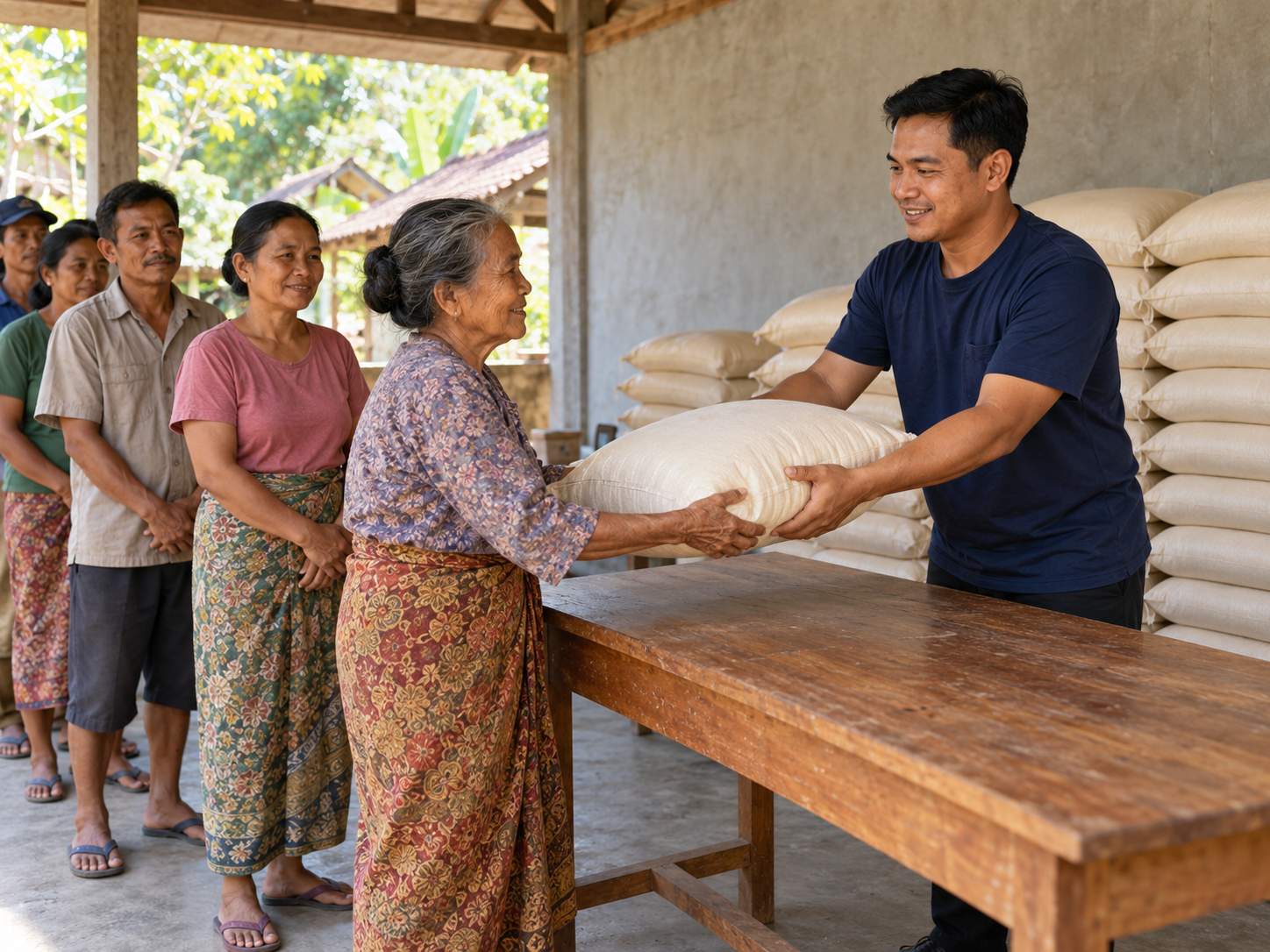 Người dân xếp hàng nhận bao gạo hỗ trợ tại nhà văn hóa làng