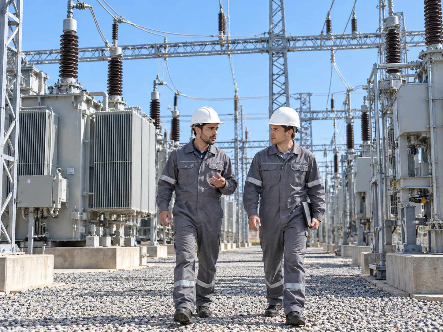 Hai kỹ thuật viên đi giữa các máy biến áp trong trạm biến áp ngoài trời dưới trời quang