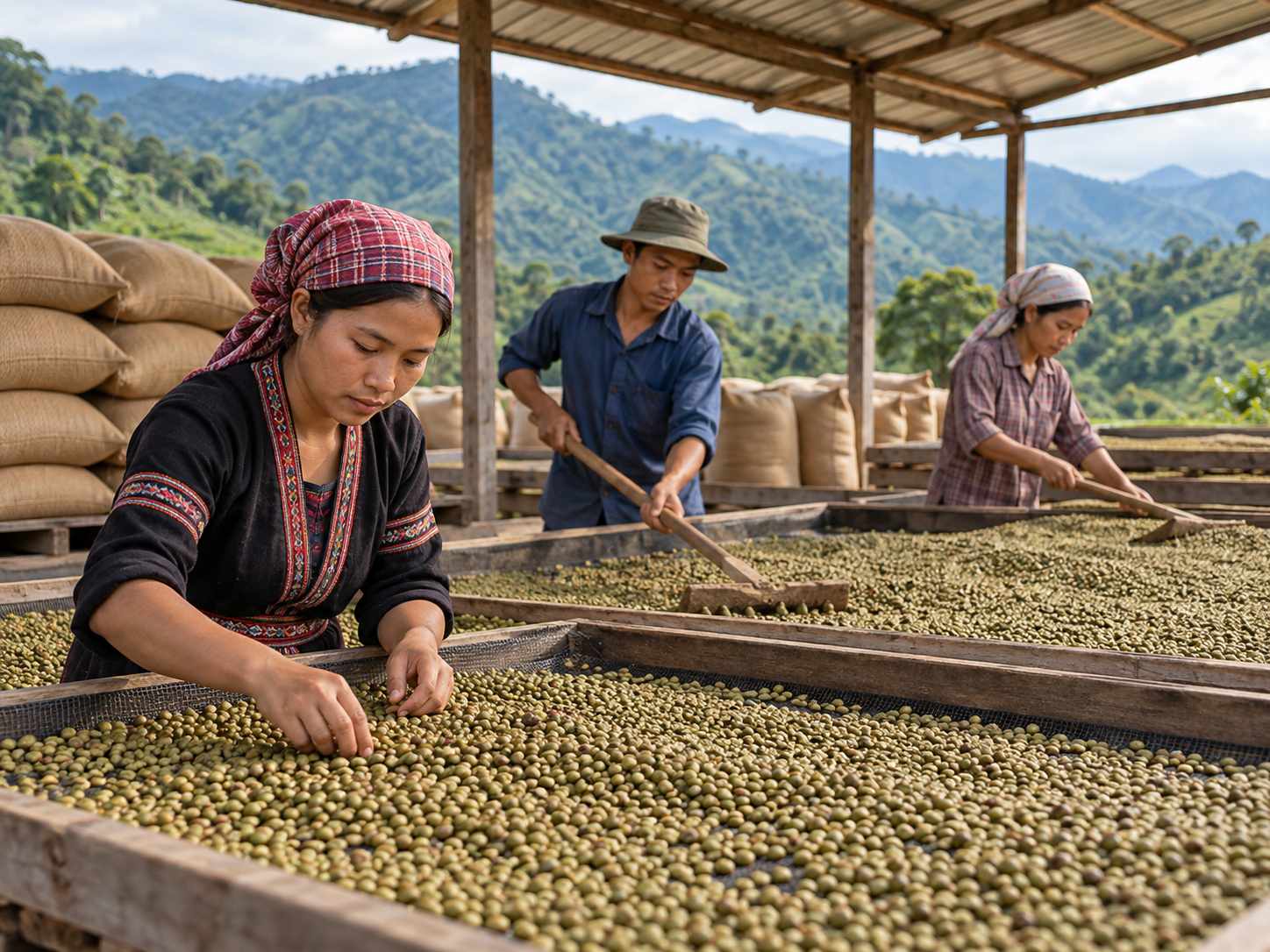 Công nhân phân loại và đảo hạt cà phê nhân trên giàn phơi ở một sân chế biến vùng cao nguyên