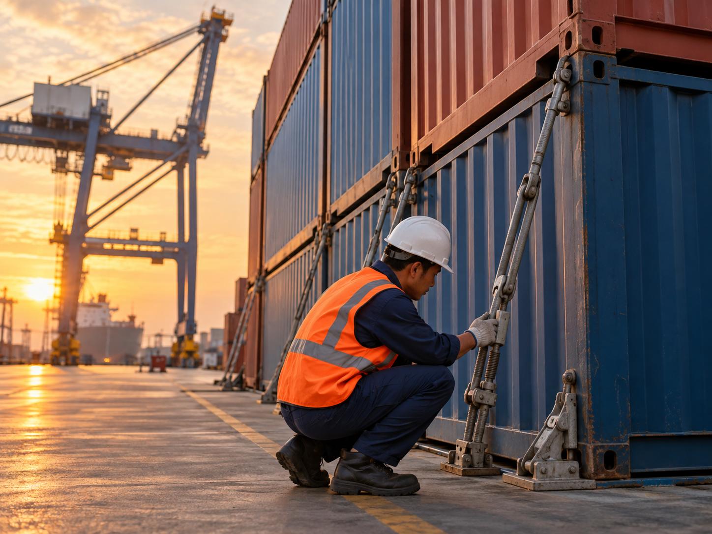 Công nhân kiểm tra chằng buộc các container tại bãi cảng vào cuối buổi chiều