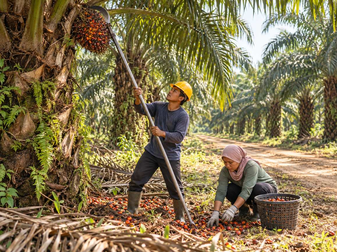 Công nhân dùng sào cắt buồng quả cọ dầu chín trên đồn điền