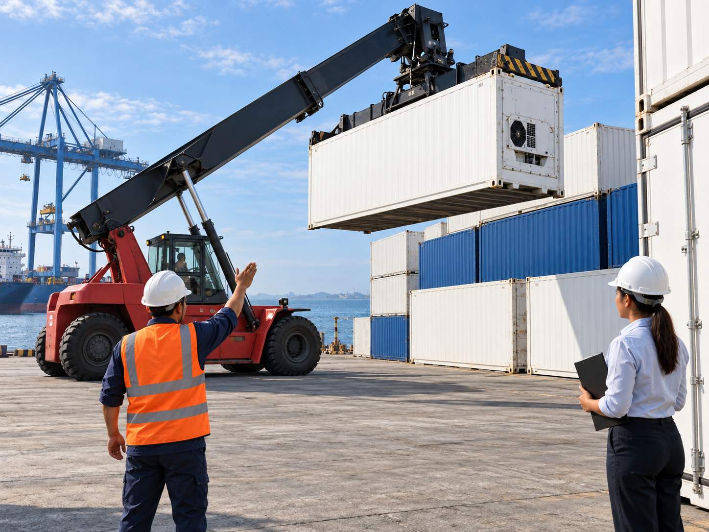 Xe nâng đặt container lạnh lên chồng container tại cảng, nhân viên kiểm hàng đứng cạnh
