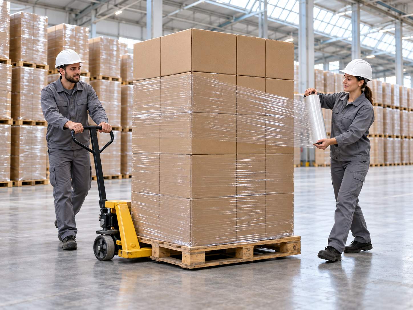 Công nhân quấn màng bọc cho kiện hàng xếp trên pallet trong một kho phân phối