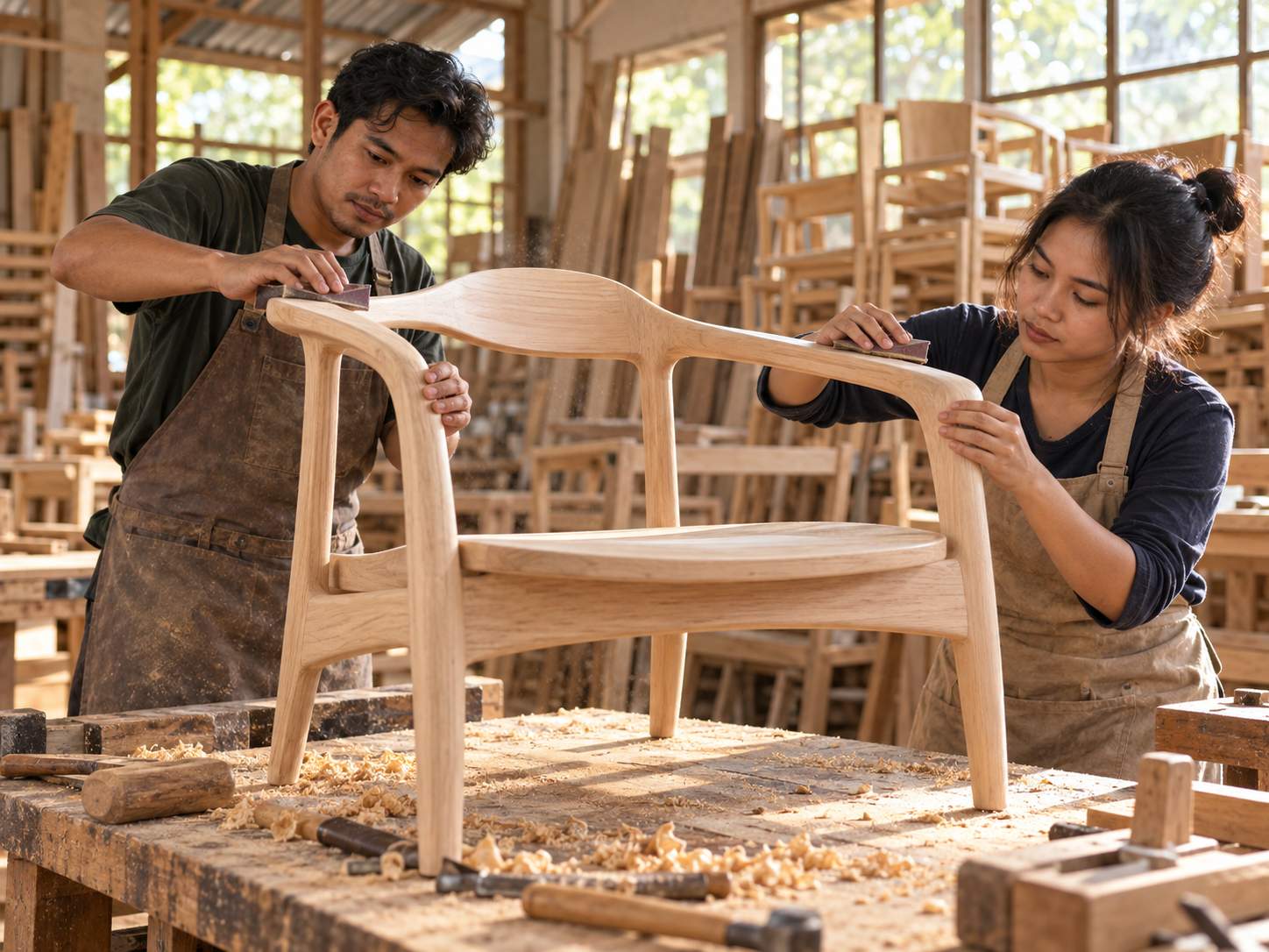 Thợ mộc và công nhân kiểm tra tay ghế gỗ trong xưởng đồ gỗ