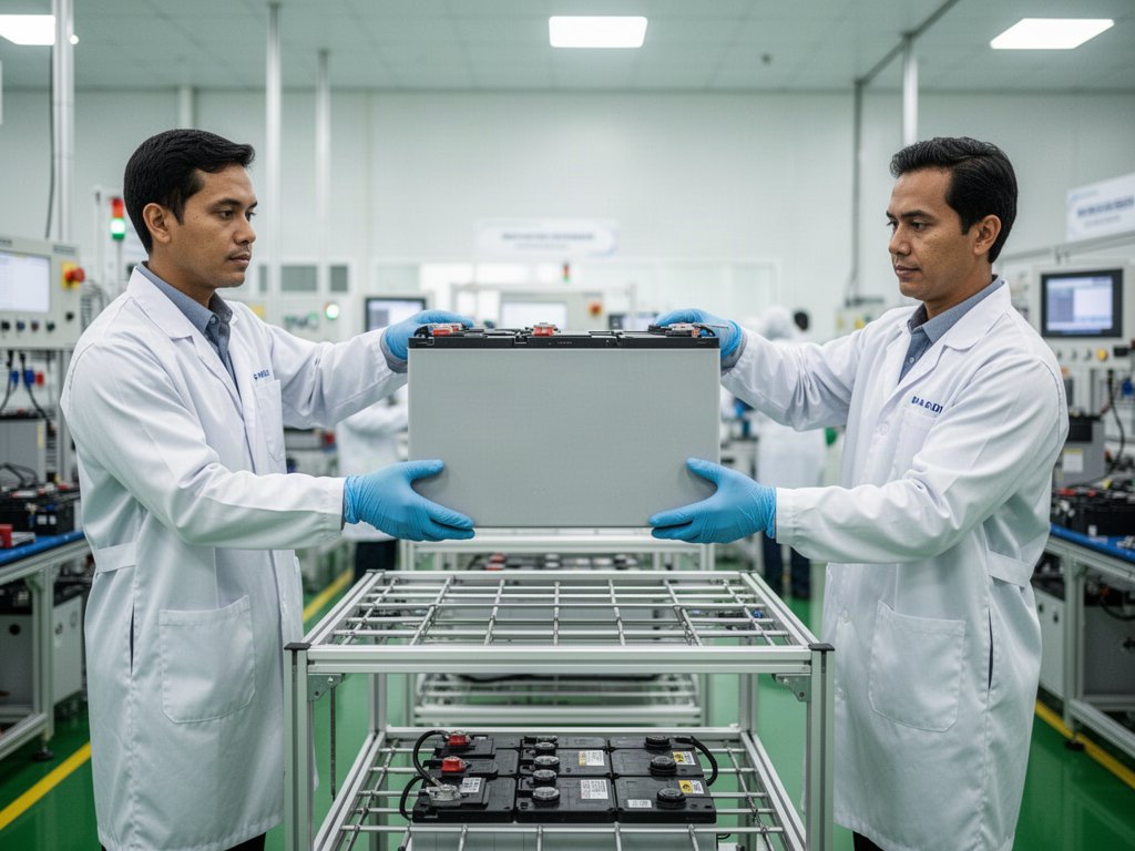 Hai kỹ thuật viên nâng một mô-đun pin lên giá kim loại trong khu lắp ráp pin ở nhà máy Indonesia
