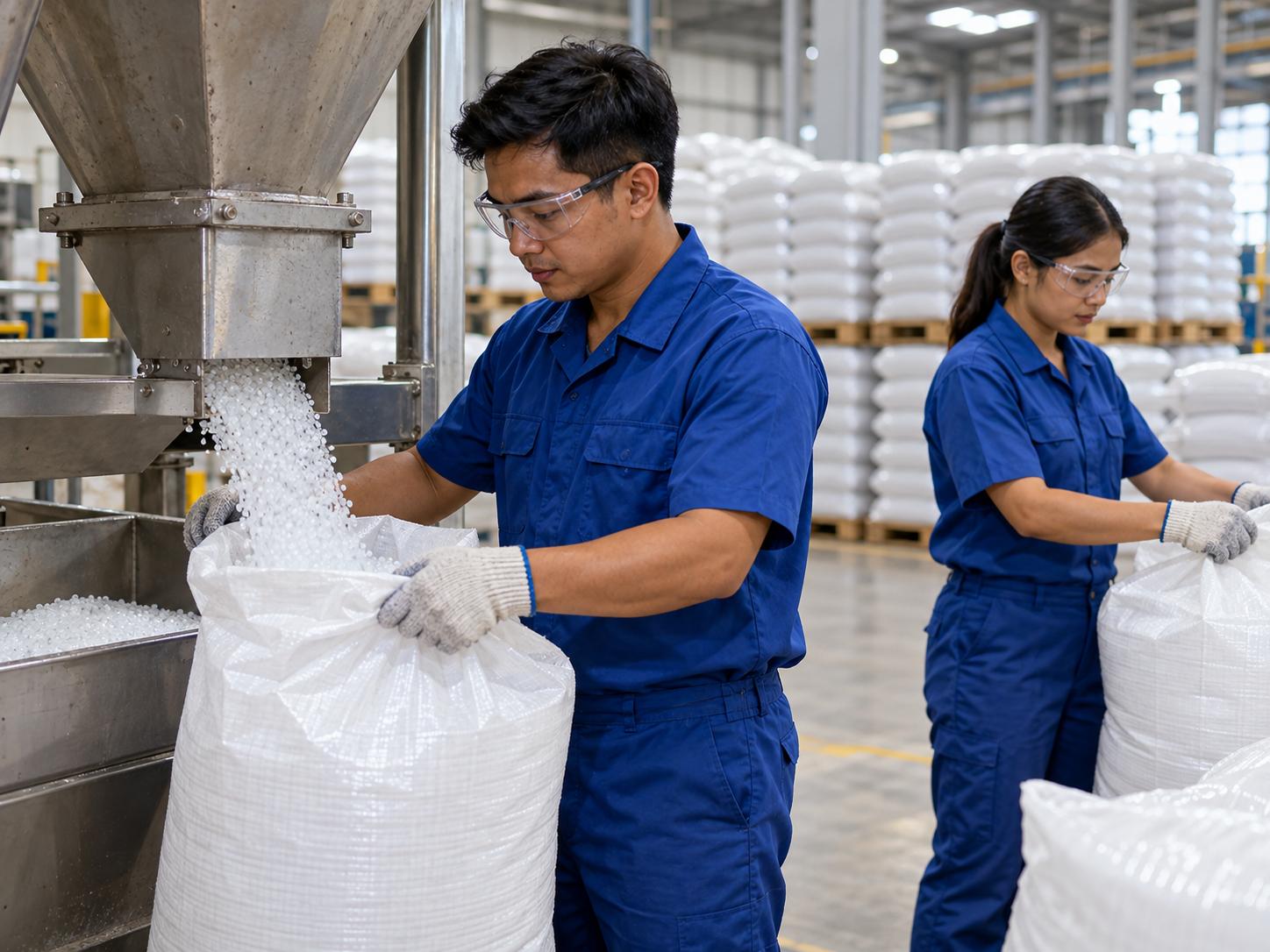 Công nhân đóng hạt nhựa vào bao tại một kho nhà máy nhựa