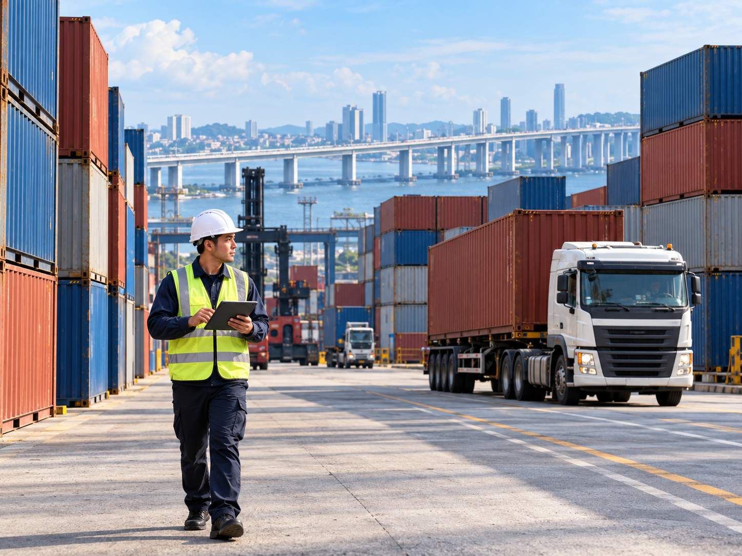 Xe container chạy giữa các dãy container tại một bãi logistics gần cửa khẩu