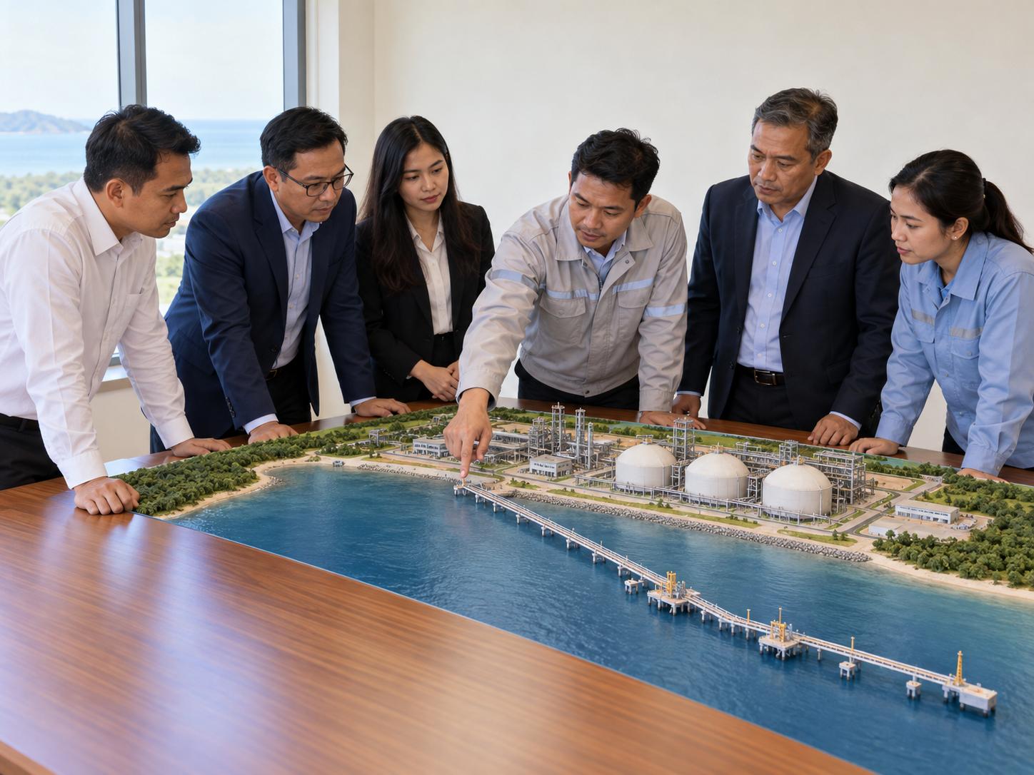Các kỹ sư và cán bộ quanh bàn họp xem mô hình mặt bằng một nhà máy điện ven biển
