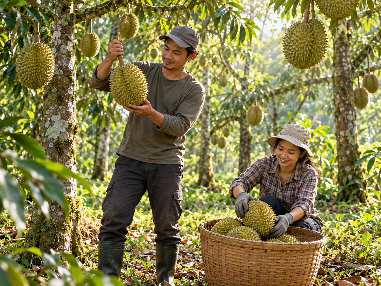 Người nông dân cầm quả sầu riêng vừa cắt trong vườn sầu riêng