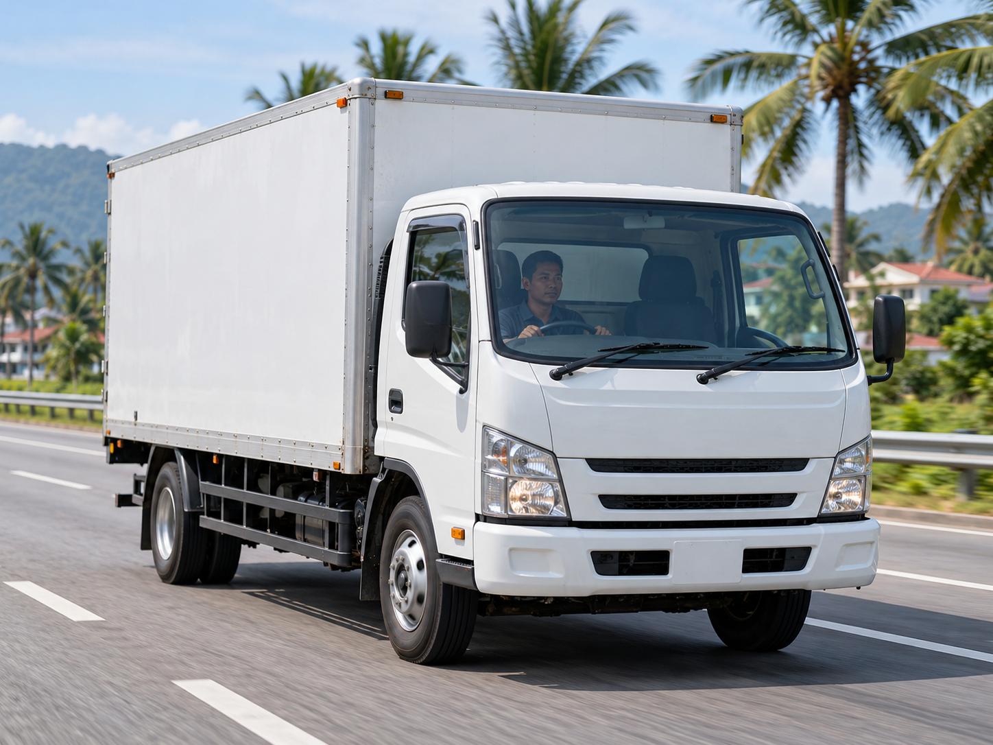 Xe tải thùng trắng chạy trên đường cao tốc ở Malaysia