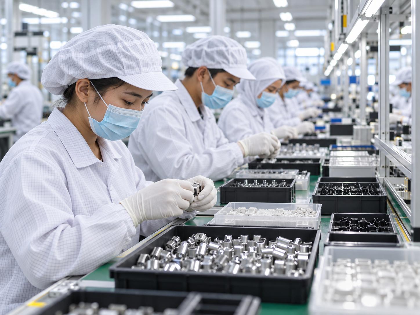 Công nhân xếp linh kiện vào khay trên dây chuyền lắp ráp điện tử trong nhà máy