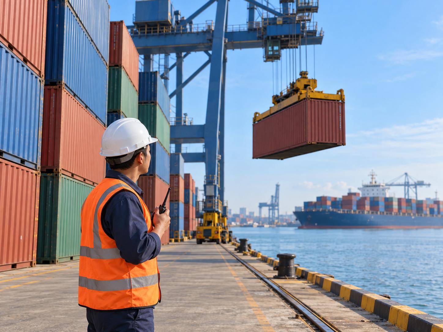 Công nhân cảng đứng cạnh các chồng container tại một bến cảng buổi sáng