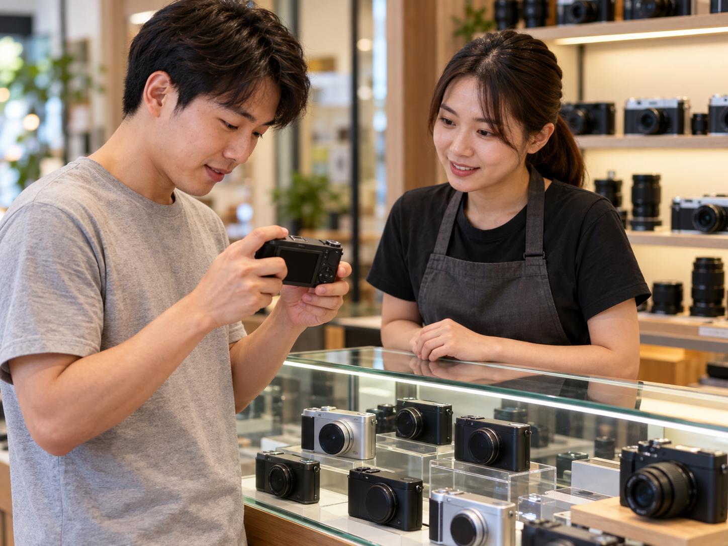 Khách thử một máy ảnh compact trong cửa hàng máy ảnh ở Thái Lan, nhân viên đứng cạnh tủ trưng bày
