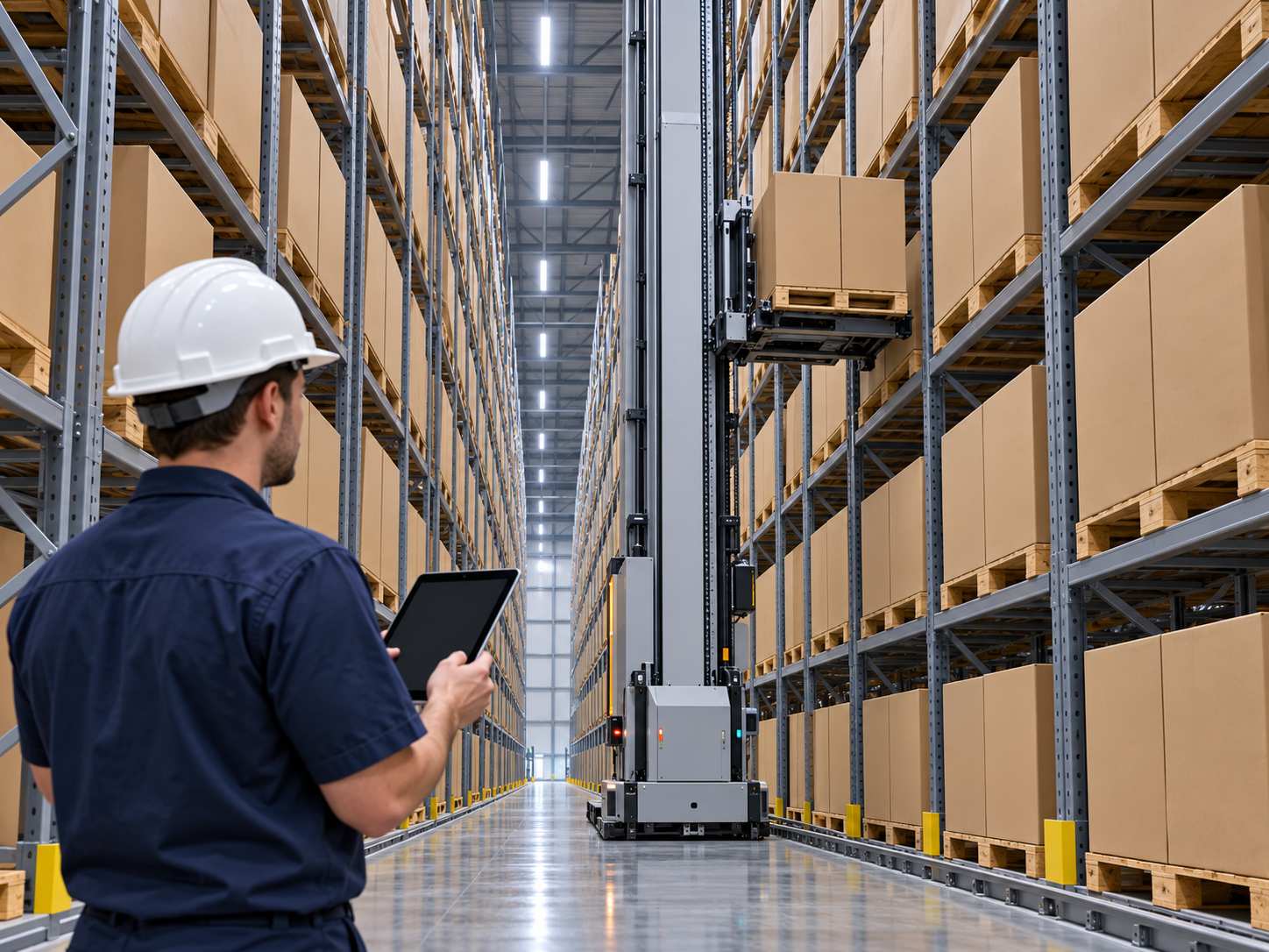 Kho hàng tự động với giá kệ cao chứa pallet thùng carton, xe xếp dỡ tự động và một kỹ thuật viên kiểm tra máy tính bảng