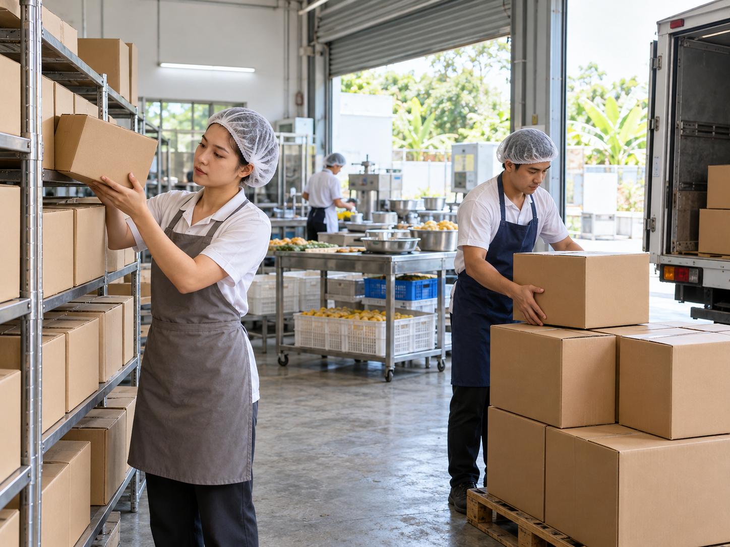 Chủ xưởng chế biến thực phẩm nhỏ kiểm hàng đóng thùng bên cạnh xe giao hàng