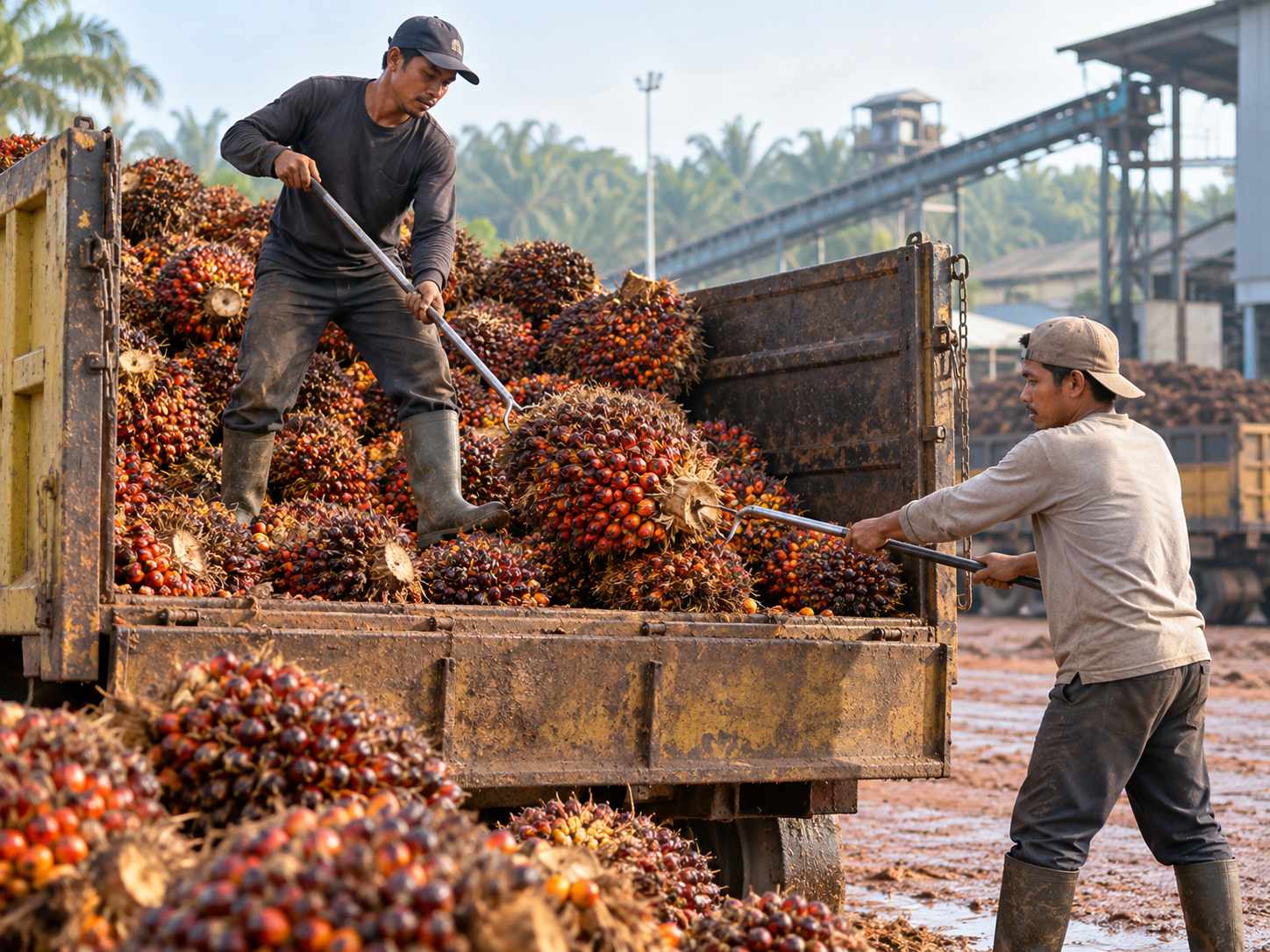 Công nhân dùng sào móc kéo các buồng quả cọ chín từ thùng xe tải tại bãi nhập liệu của một nhà máy ép dầu cọ