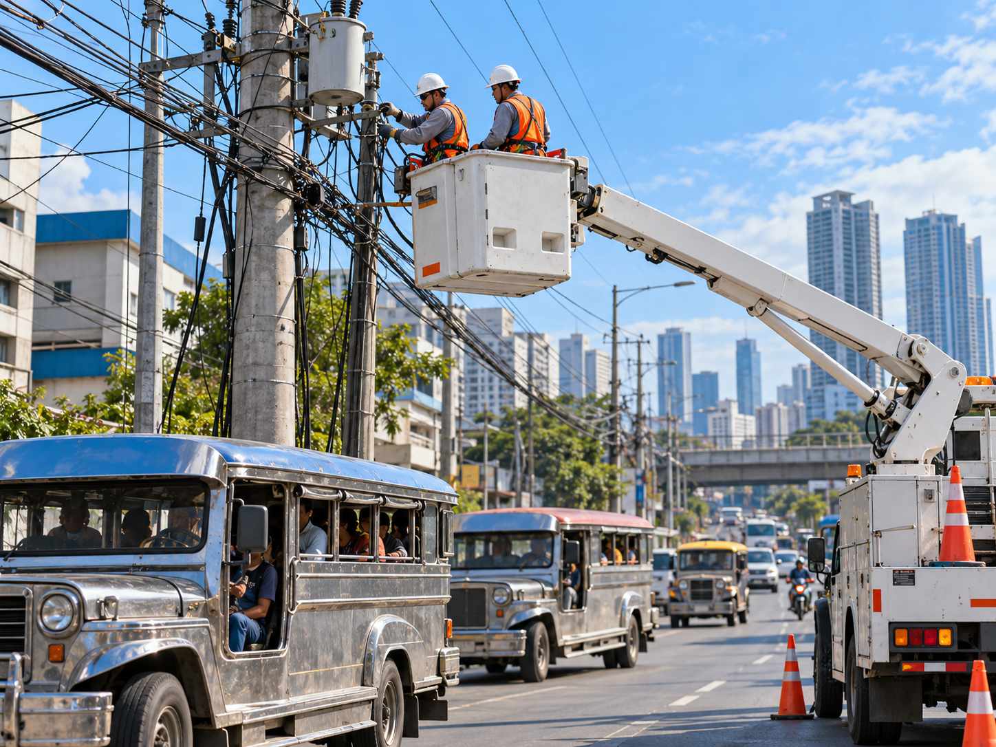 Hai công nhân điện lực làm việc trên xe thang cạnh cột điện dọc phố đông xe ở Philippines