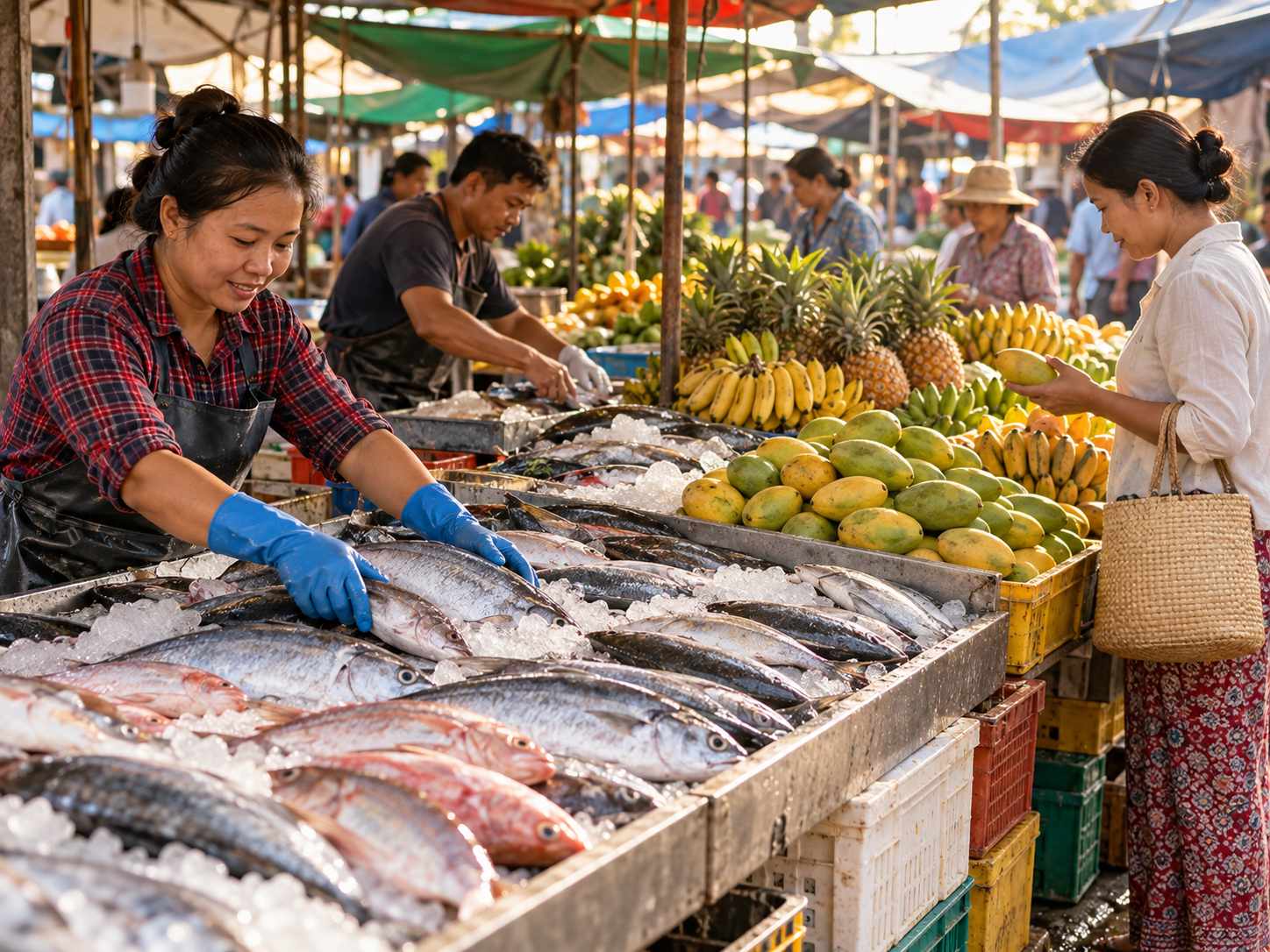 Người bán xếp cá biển trên đá lạnh cạnh các thùng trái cây tại một khu chợ buổi sáng